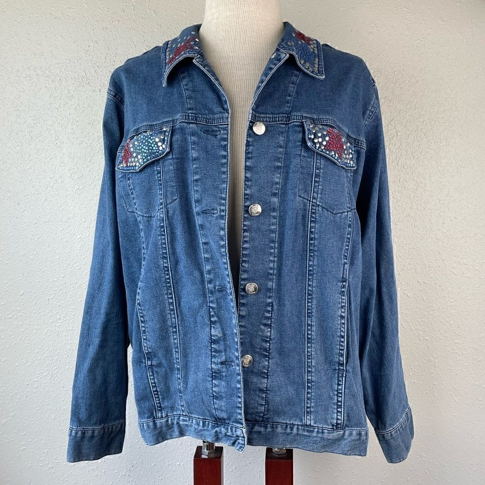 EUC Quacker Factory Womens Forth of July Gem Denim Jean Jacket Size L